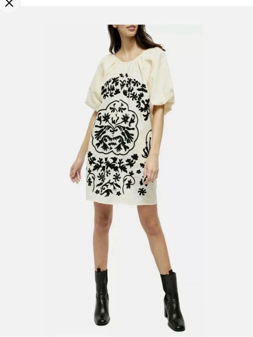 Free People Cream Mini Dress with Black Embroidered Motifs